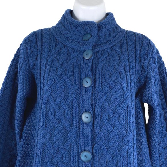 Aran Crafts Fisherman Cardigan Sweater XS Merino Wool Cable Knit Blue CJ-1502 - Picture 3 of 6